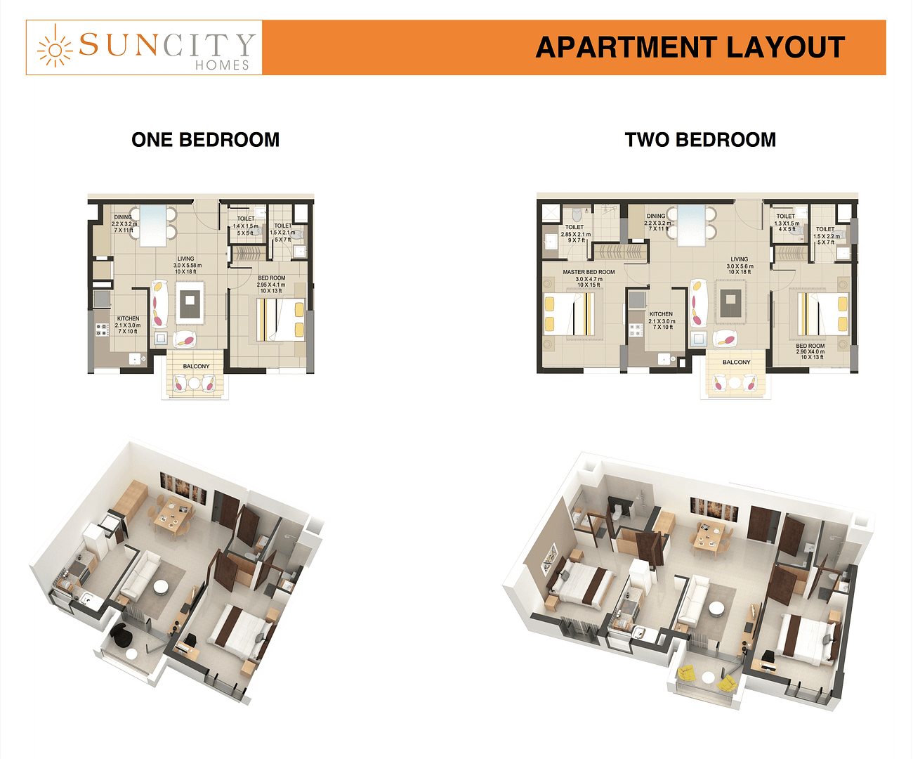 2 Bedroom and 1 Bedroom Apartments for Sale in Dubai, Apartment Layout, 3D Plan For Sun City Homes, One Bedroom, Two Bedroom, For Sale, Dubai International City