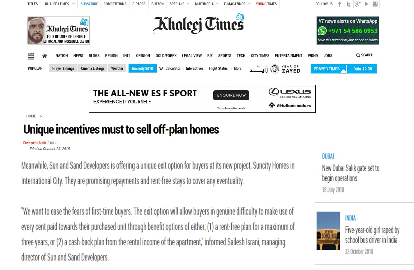 Khaleej Times Article, Suncity Homes, Dubai Property News Article, Sailesh Israni, Exit Option, Flat For Sale