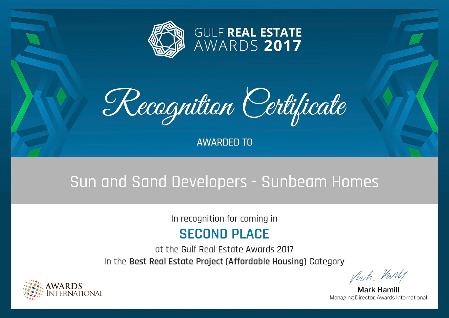 Awards, Second Place, SunBeam Homes, Gulf Real Estate Awards 2017, SASD Group